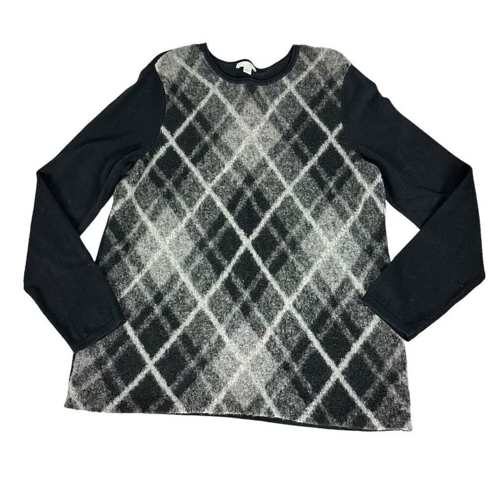 J. Jill Womens Black and Gray Argyle Sweater Size Large Wool Cotton Blend